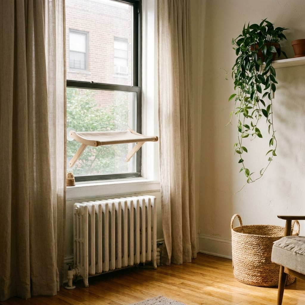 AMOSIJOY Cordless Cat Window Perch in a small modern apartment
