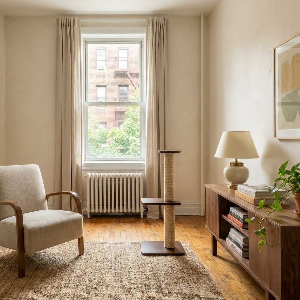 FEANDREA Cat Scratching Post in a small modern apartment