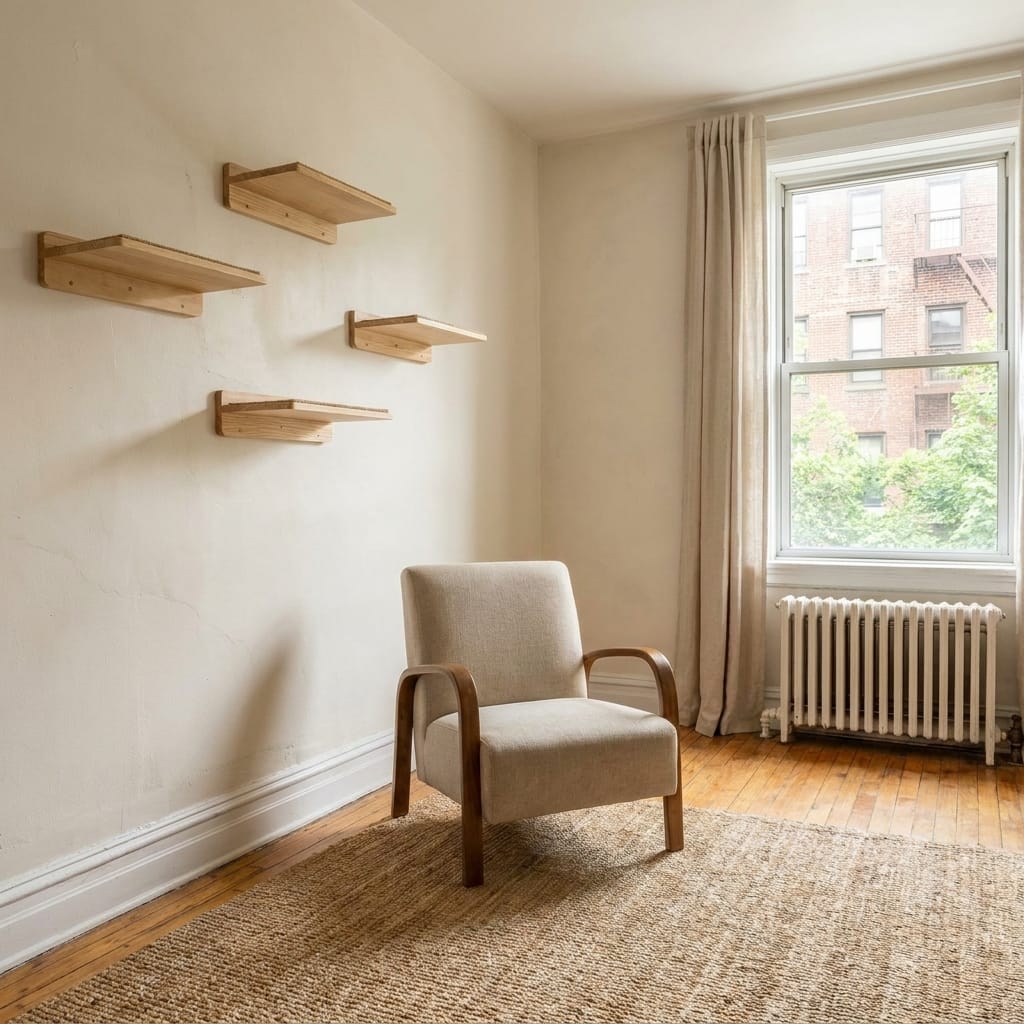 FUKUMARU Floating Shelf with Sisal Mat in a small modern apartment