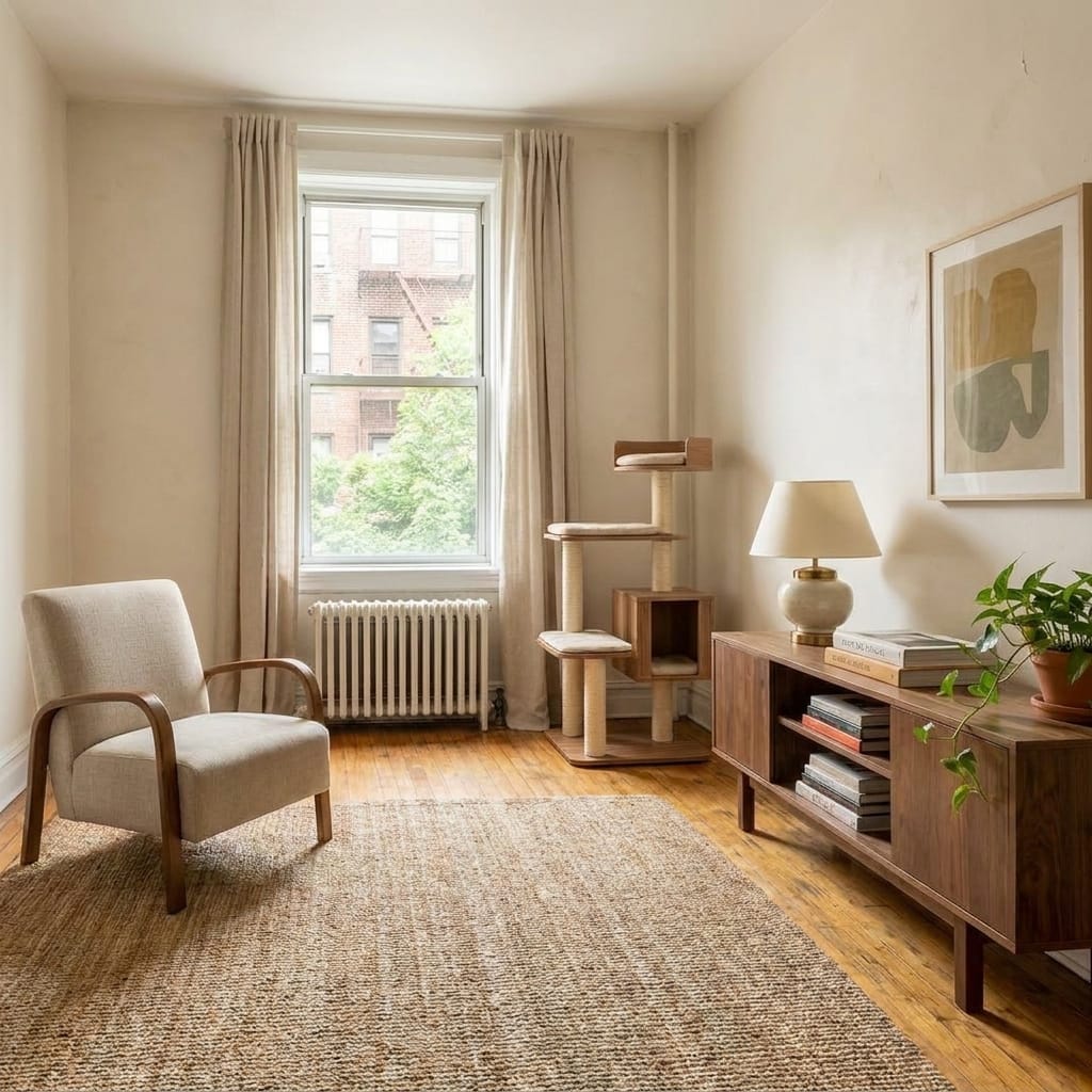 FUKUMARU Retro-Modern 53.5" Cat Tree in a small modern apartment