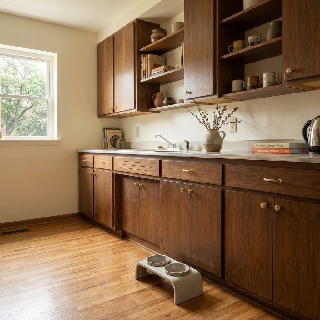 Hepper 360 Stainless Feeder in a small modern apartment