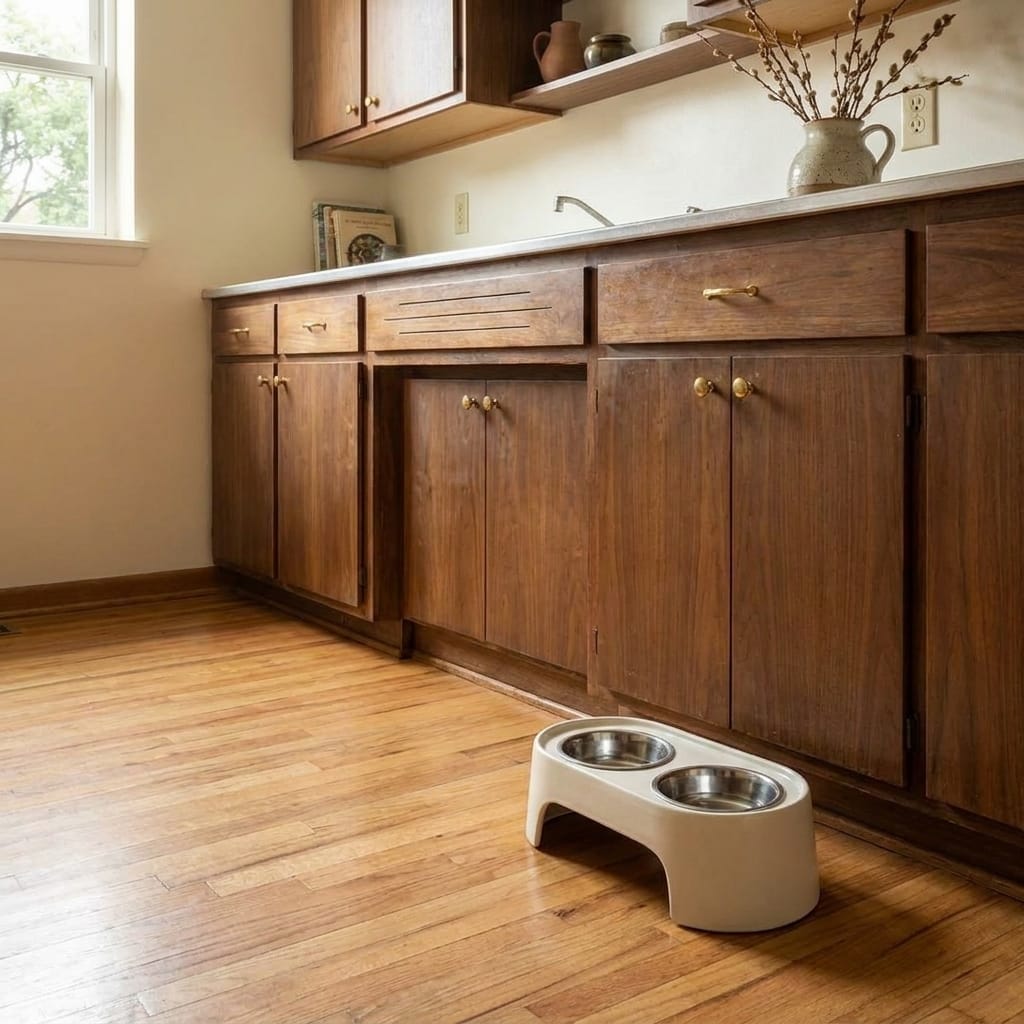 Hepper NomNom Stainless Bowl Station in a small modern apartment