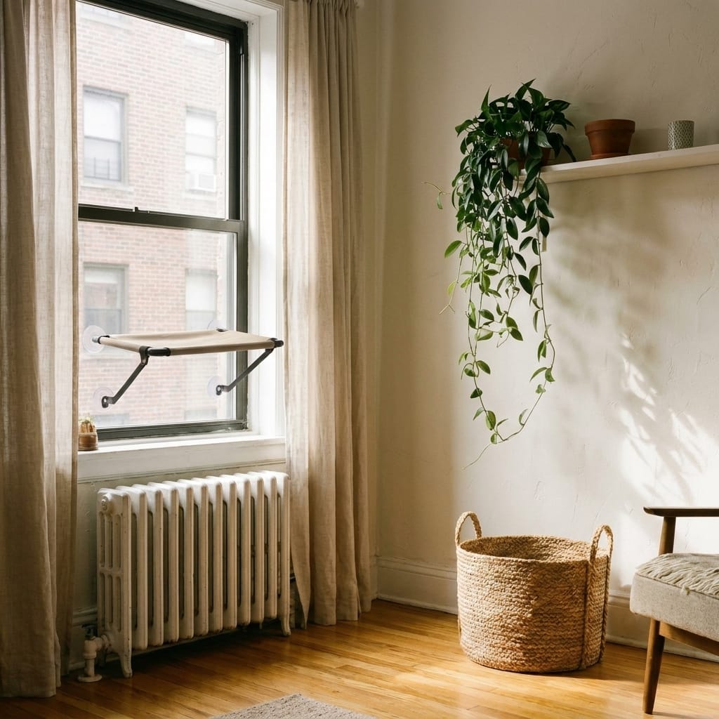 K&H EZ Mount Window Bed Kitty Sill in a small modern apartment