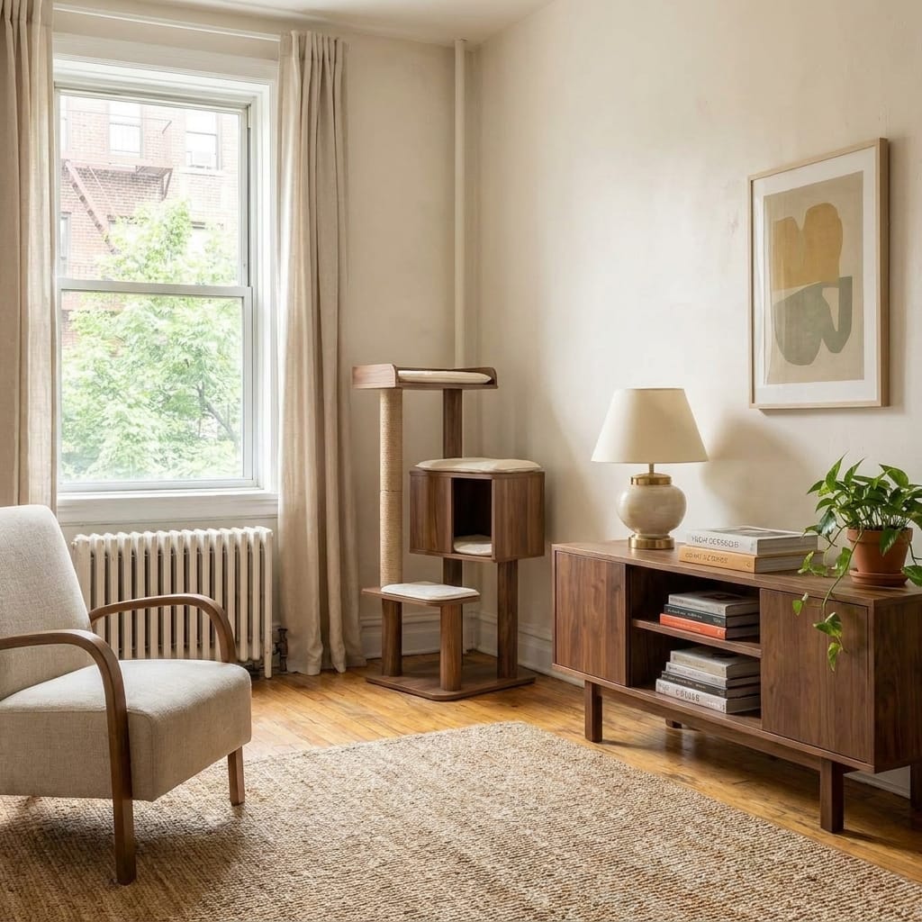 Mau Modern Wood Cat Tree Tower in a small modern apartment