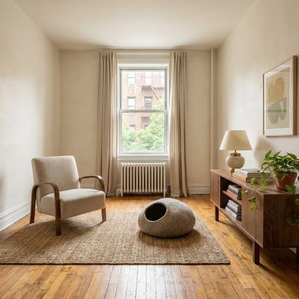 MEOWFIA Premium Felt Cat Cave in a small modern apartment