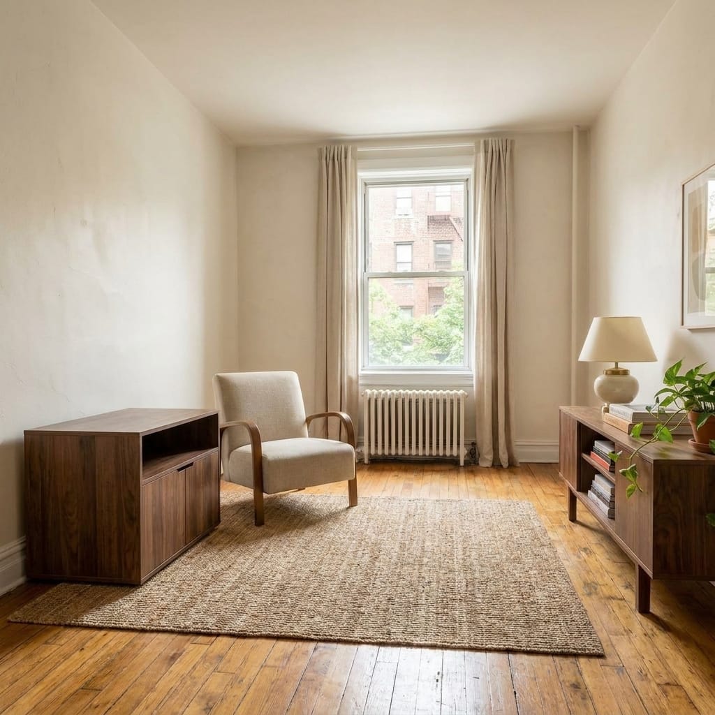 Merry Products Cat Washroom Bench in a small modern apartment