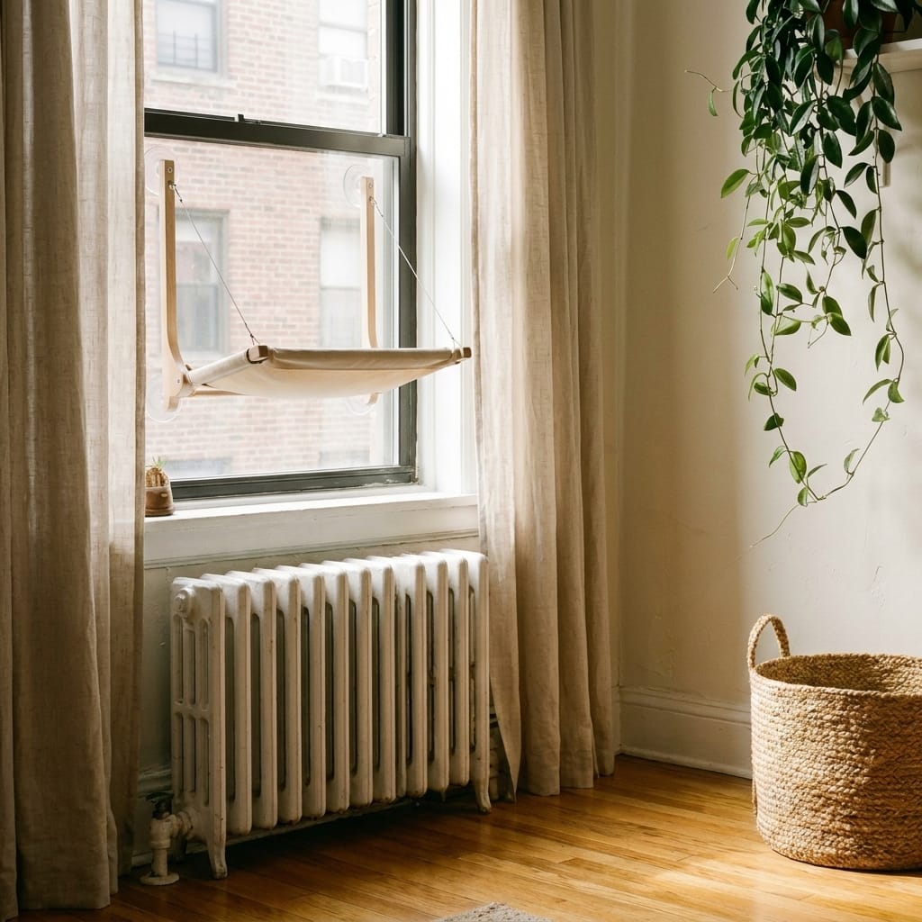 MEWOOFUN Cat Hammock Window Perch in a small modern apartment