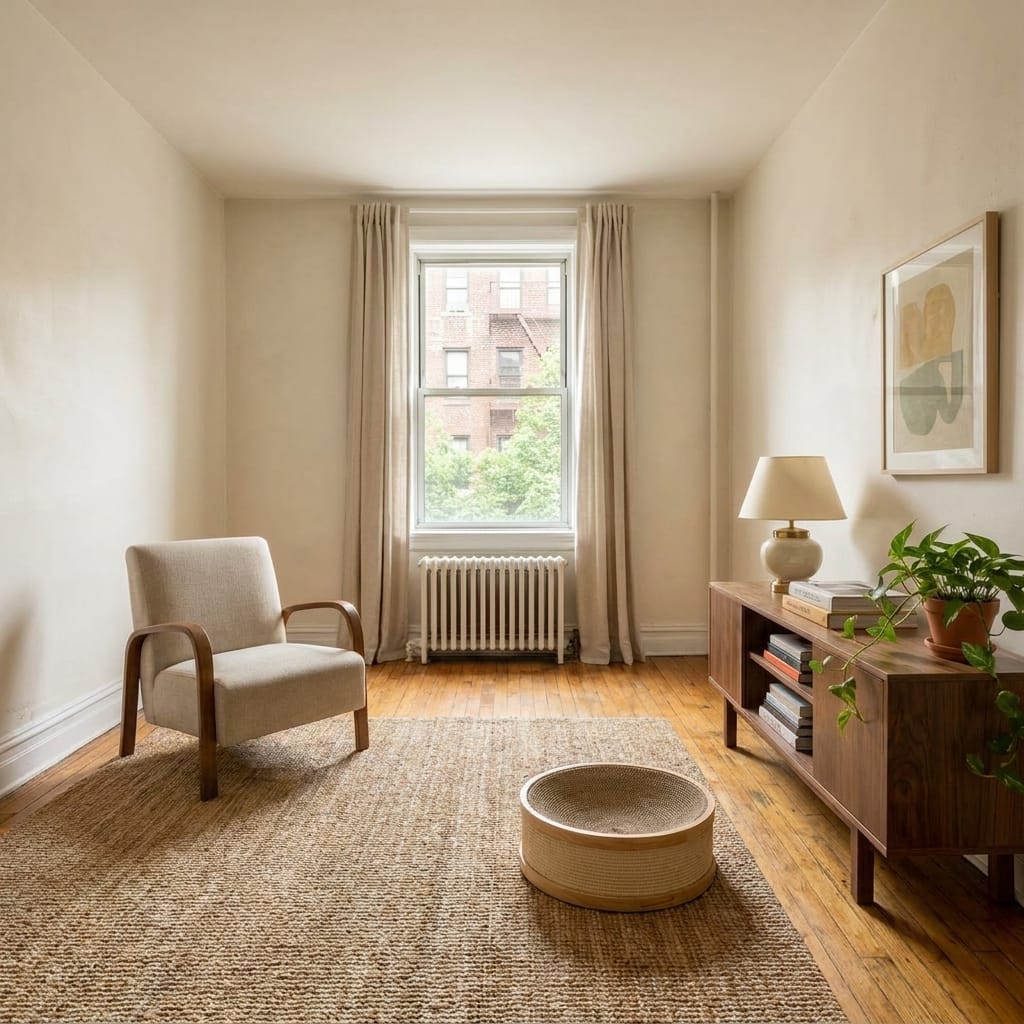 Necoichi Cozy Cat Scratcher Bowl in a small modern apartment