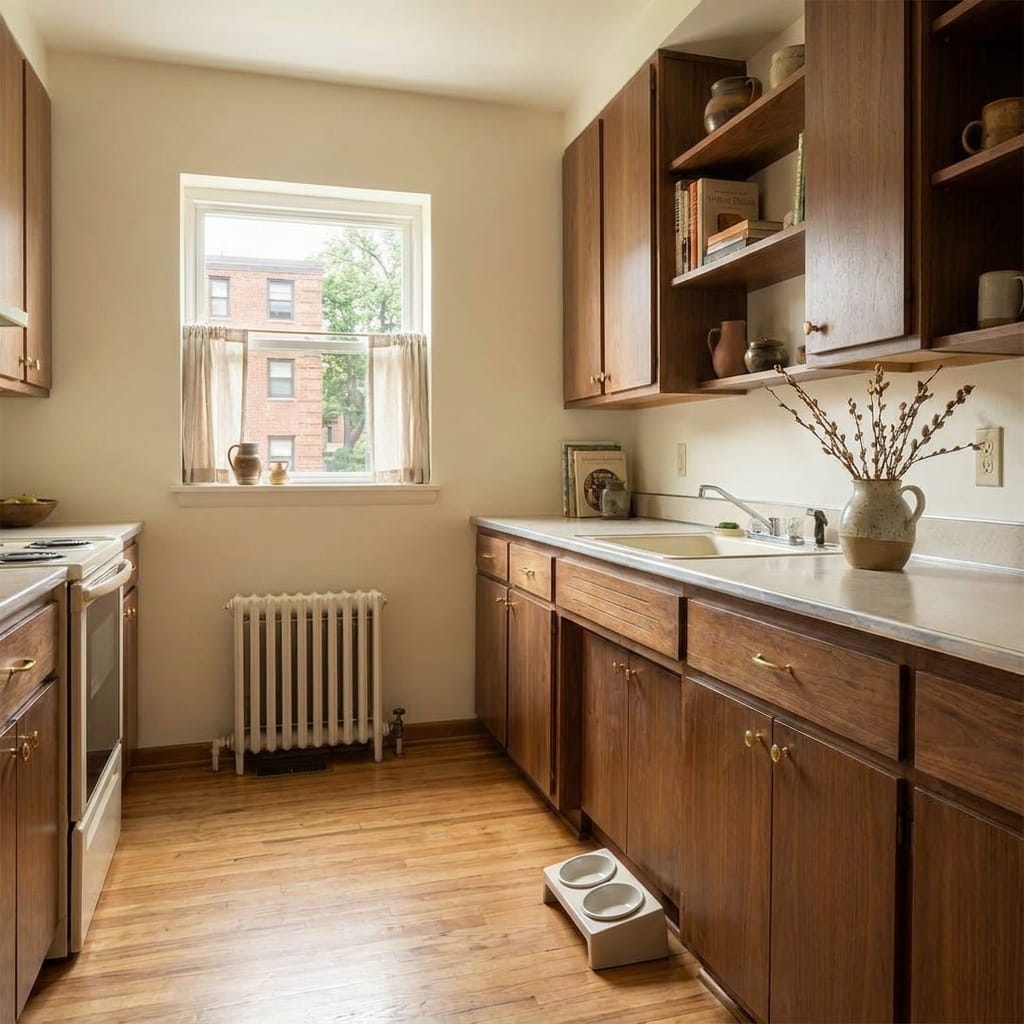 Necoichi Elevated Ceramic Bowl (15-degree Tilted, Extra Wide) in a small modern apartment