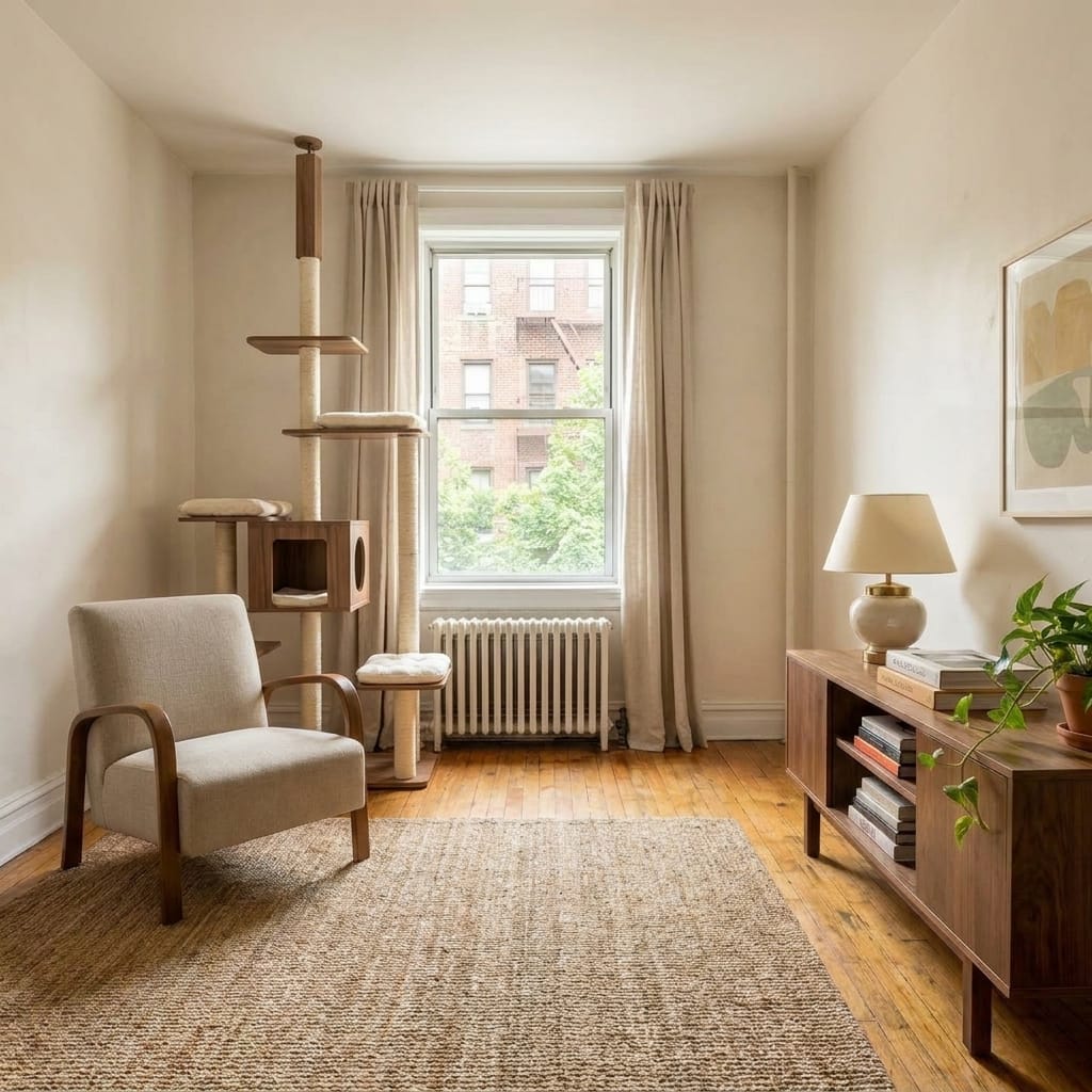 PETEPELA 5-Level Wood Cat Tree in a small modern apartment
