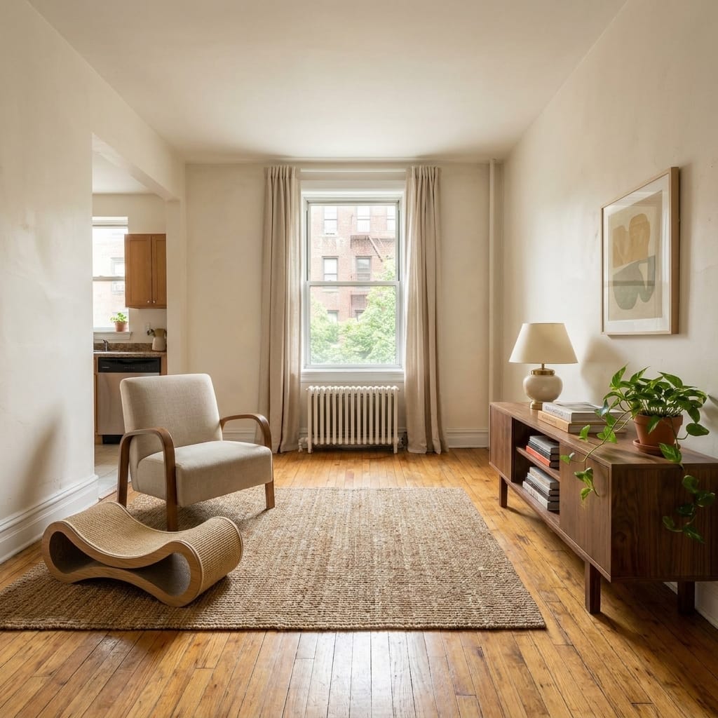 PetFusion Ultimate Cat Scratch Lounge in a small modern apartment