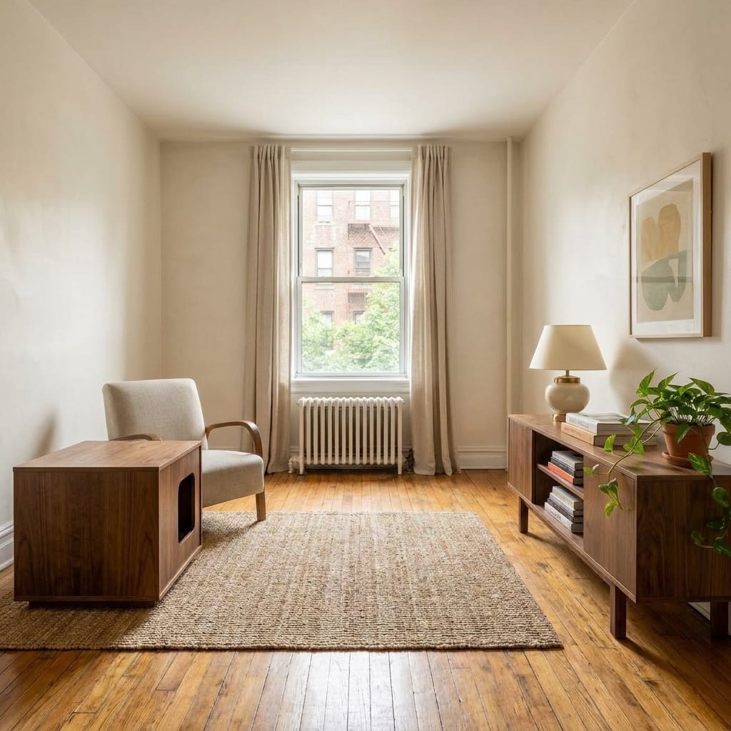 The Refined Feline Litter Box Enclosure in a small modern apartment