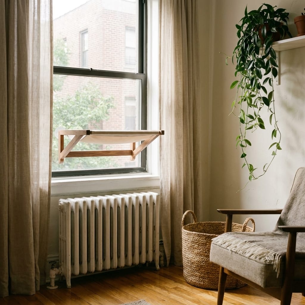 Solid Wood 2-in-1 Cat Window Perch in a small modern apartment