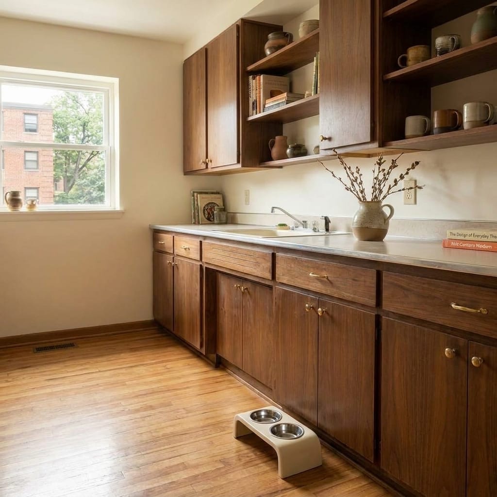 UPSKY Double Stainless Raised Bowls in a small modern apartment