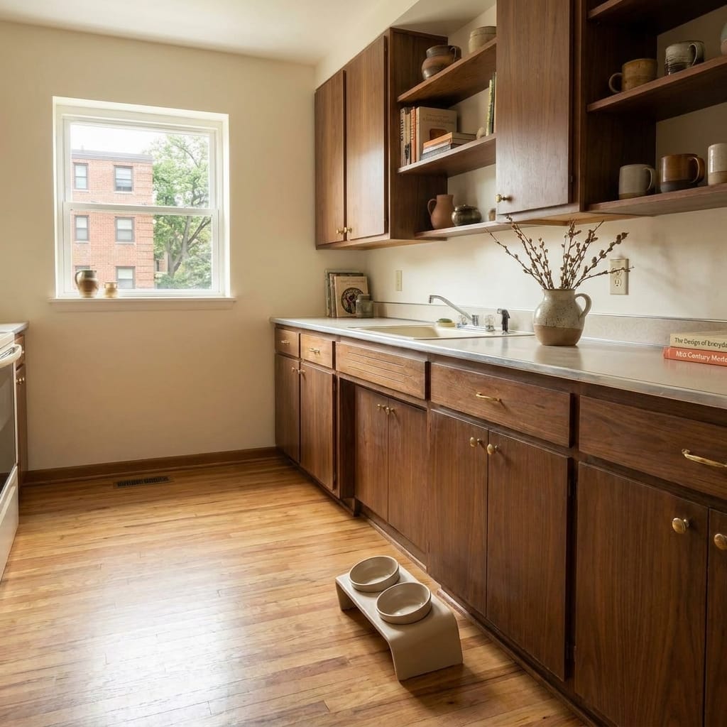 ViviPet Raised Ceramic Tilt Bowl in a small modern apartment