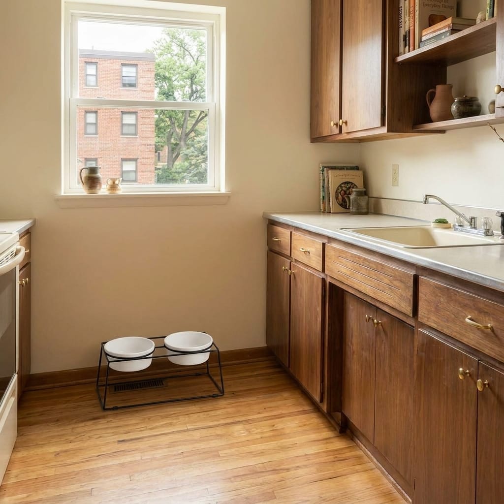 Y YHY Ceramic Raised Bowls (Metal Stand) in a small modern apartment