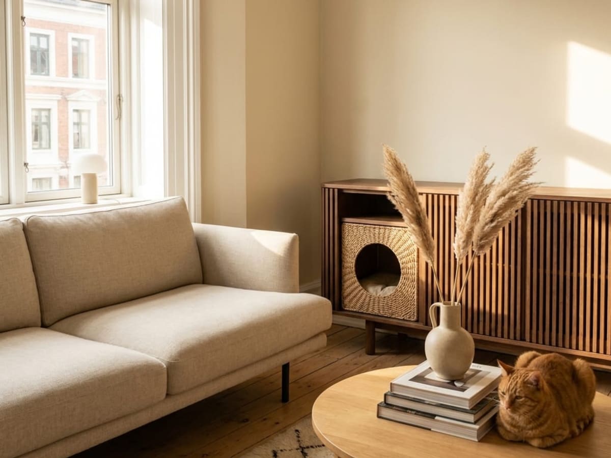 A pale sofa beside a slatted wooden cabinet with a round entry hole, with pampas grass in a vase and a ginger cat on the rug