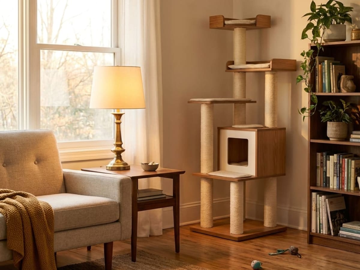 An armchair and side table beside a tall sisal cat tree with a cube den, next to a bookshelf and a window
