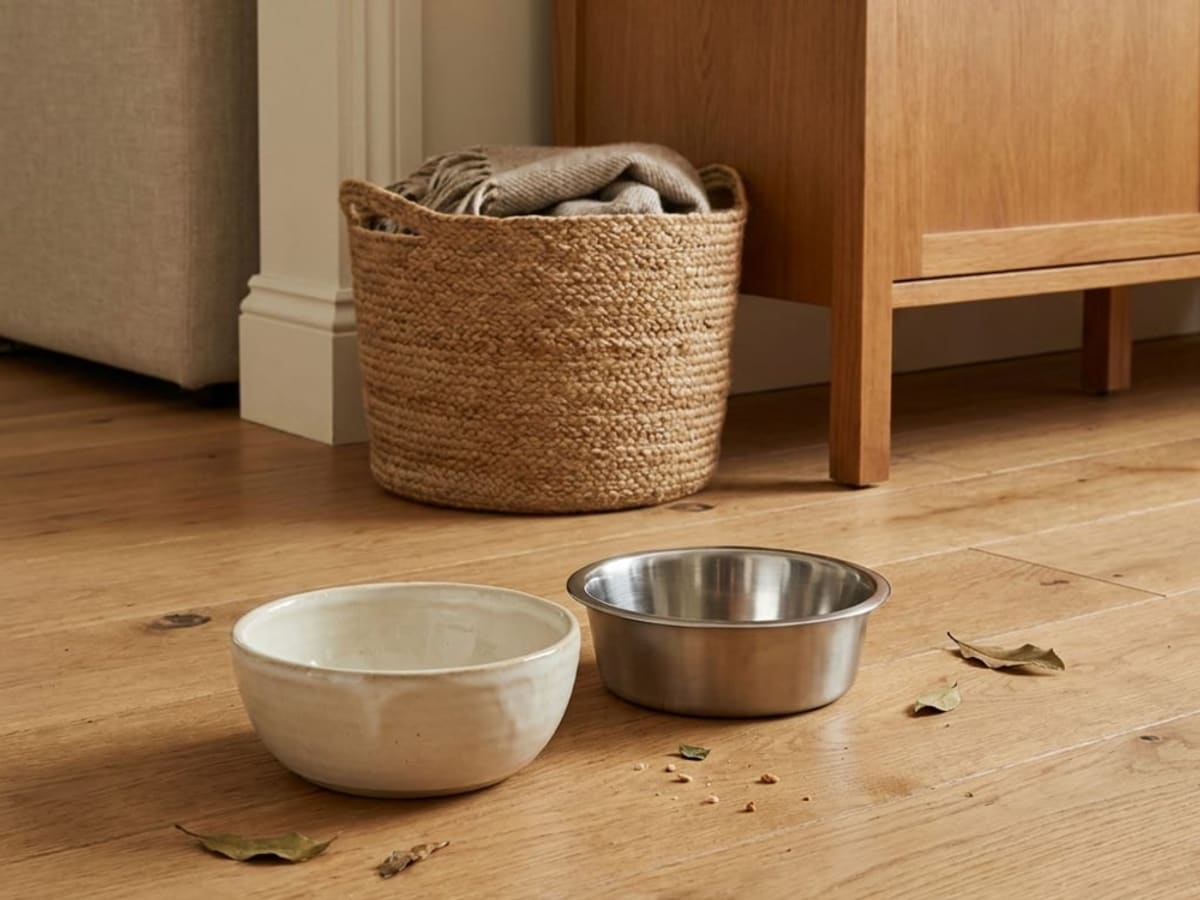 A ceramic bowl and a stainless steel bowl side by side on a wood floor, next to a woven basket