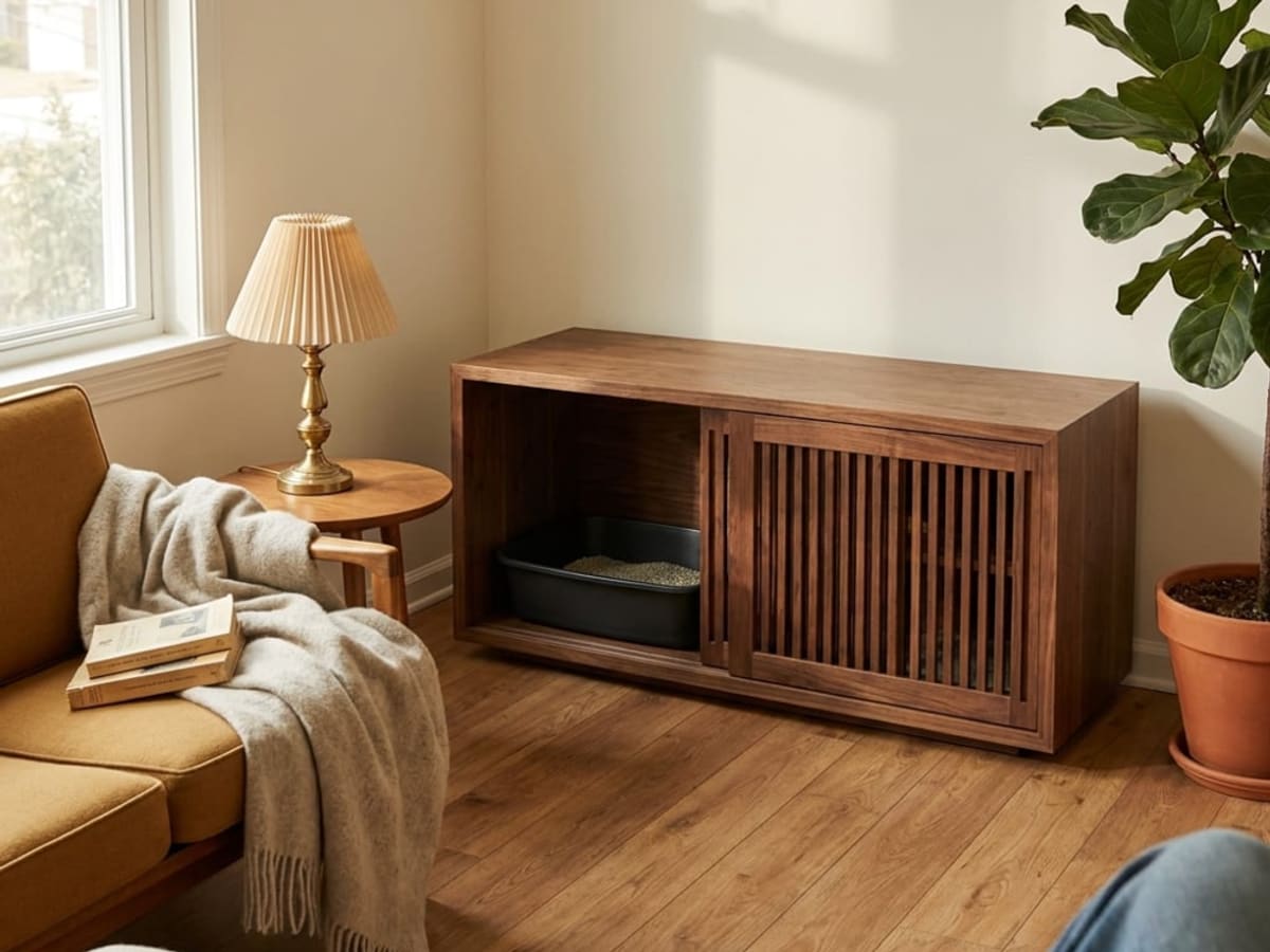 A walnut cabinet with a slatted sliding door concealing a litter tray, beside a sofa and a table lamp