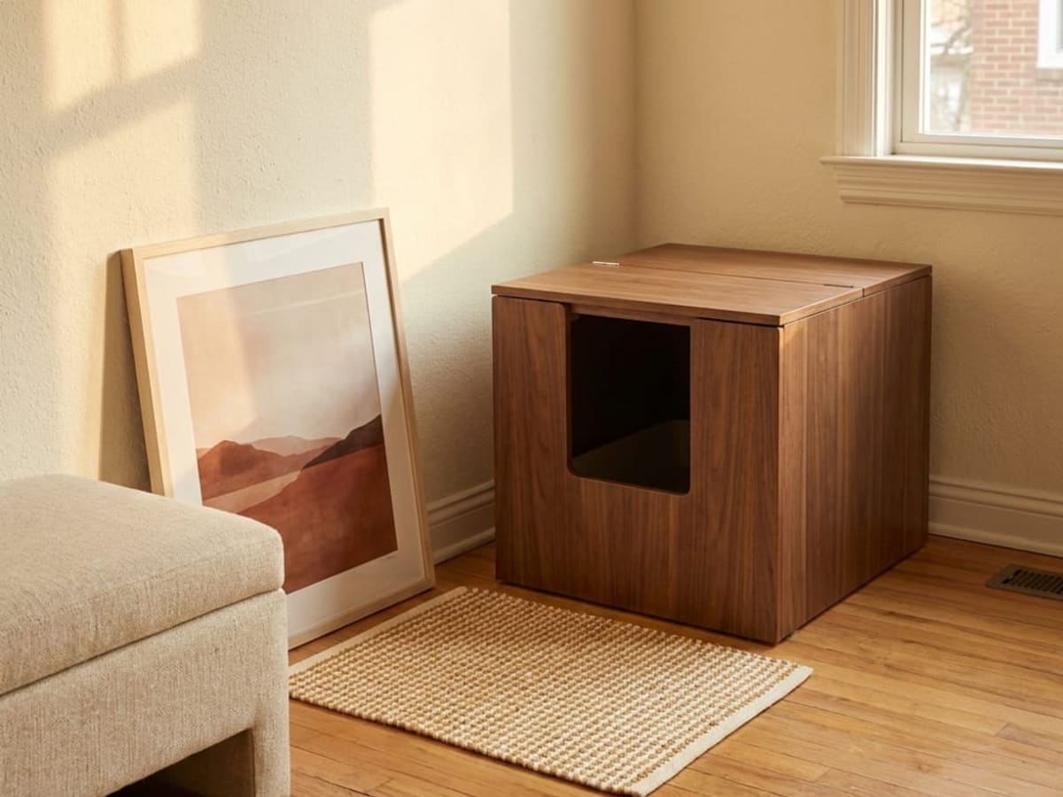 A wooden litter box cube with a side opening, standing on a ribbed mat beside an armchair