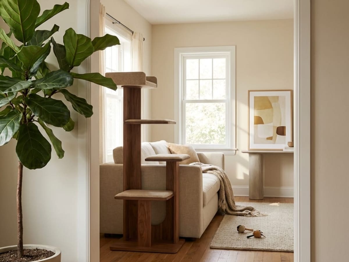 A wooden cat tree with tiered platforms in a bright living room, framed by a fiddle-leaf fig in the foreground
