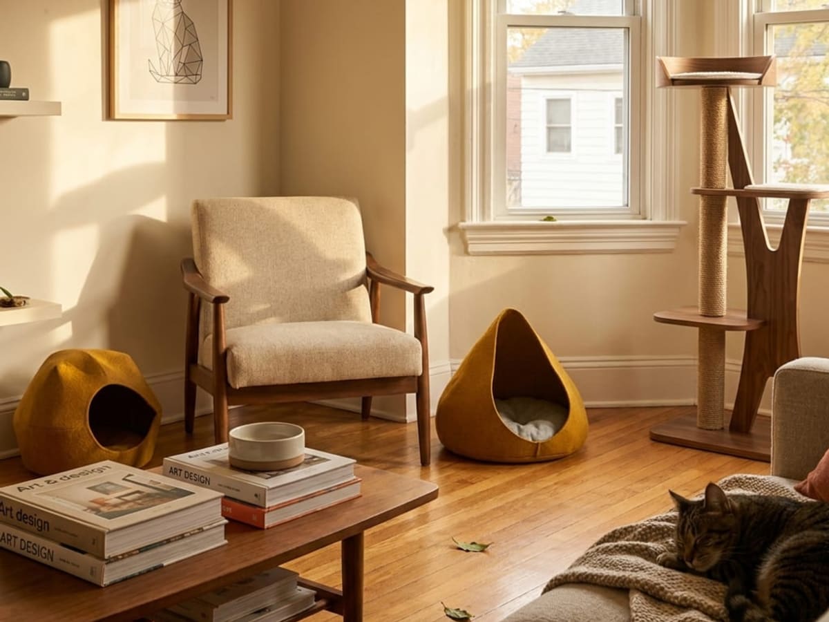 A yellow felt cat cave beside an armchair and a wooden cat tree, with a tabby lying on the rug