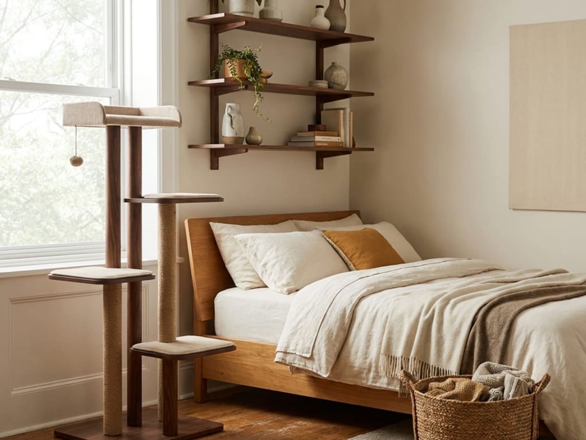 Wall-mounted stepped cat perches climbing beside a bed, with open shelving above