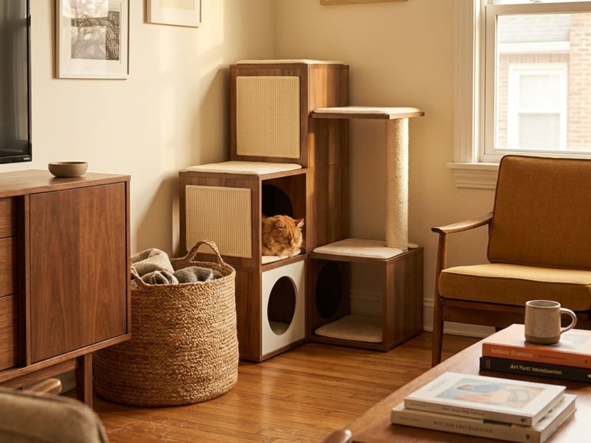 A stack of wooden cube modules with a cat inside one, beside a sideboard and a woven basket