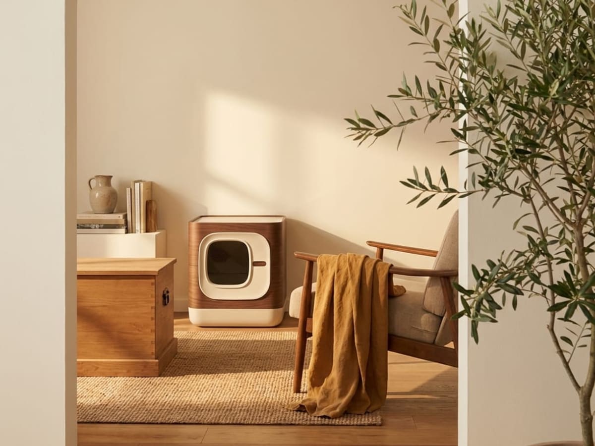 A domed automatic litter box tucked beside a wooden bench and an olive tree in a sunlit corner